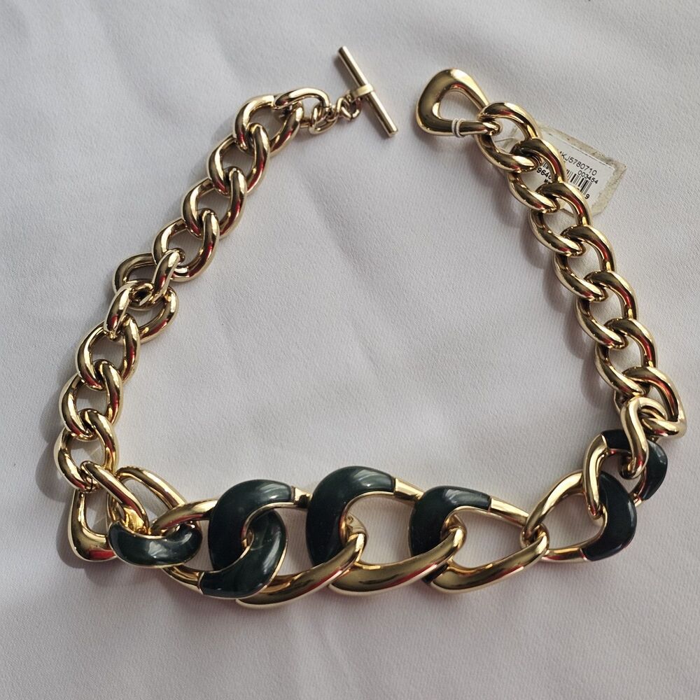 Michael Kors Autumn Luxe Gold-Tone Green Chain Collar Necklace NWT